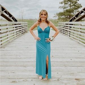 Cyan prom dress with leg slit